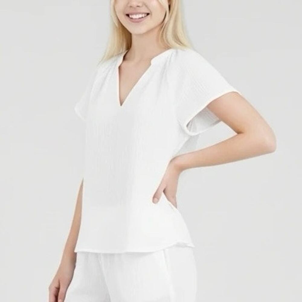 bobi White Textured Short Sleeves Blouse Size XL (100% Cotton)